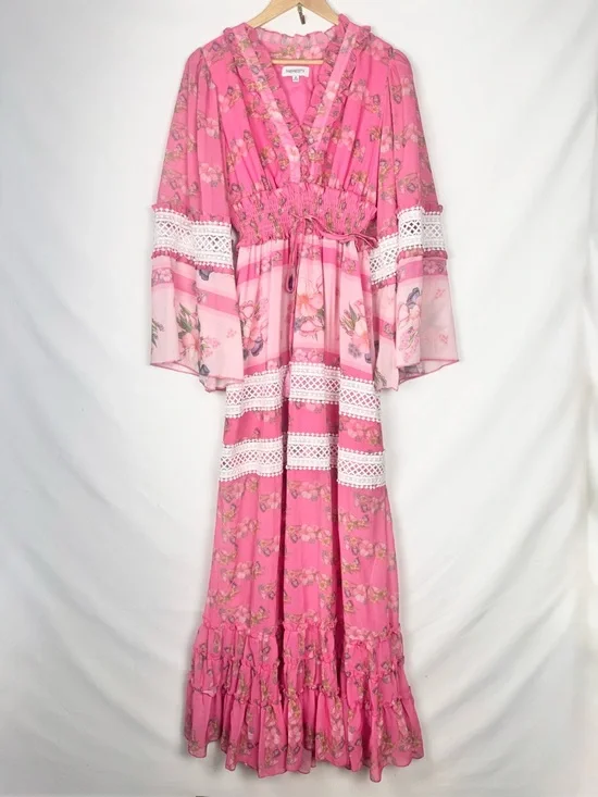 Whimsical Faeriesty Pink Floral Boho Style Maxi Dress with Lace Trim Size M - Picture 1 of 9